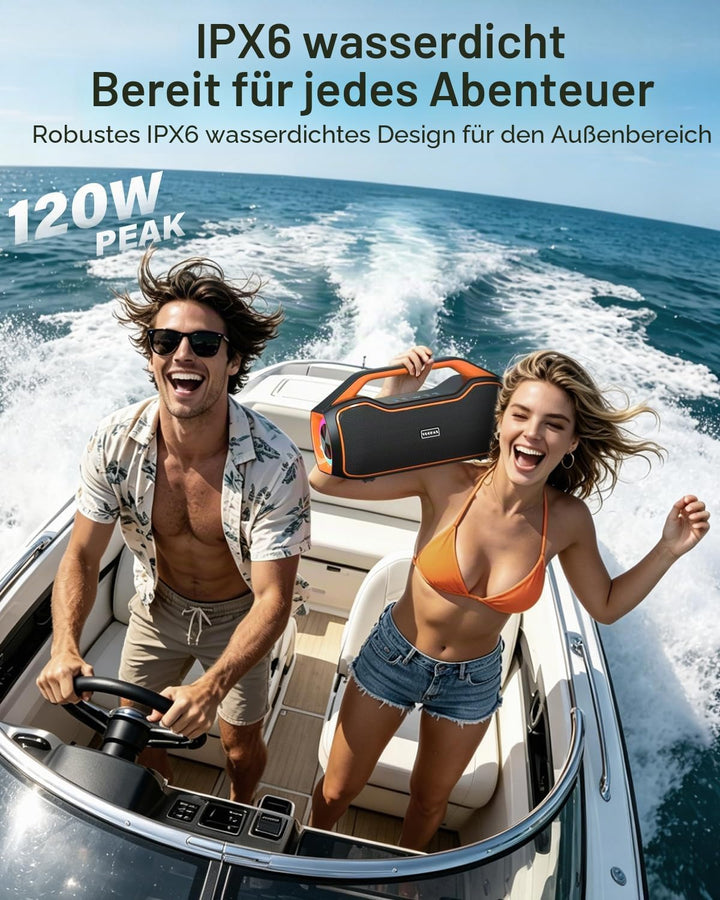 Bluetooth Lautsprecher Tragbare Musikbox,120W Peak Spitzenleistung, Bass Boost 2 * Subwoofer IP65 Wa