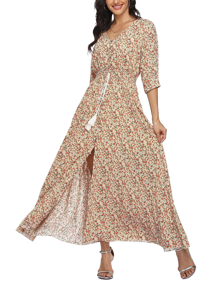 Damen Lange Split Knopf Up Sommer Maxikleid Floral Strandwear Holidy Kleid Hohe Taille mit kurzen Är