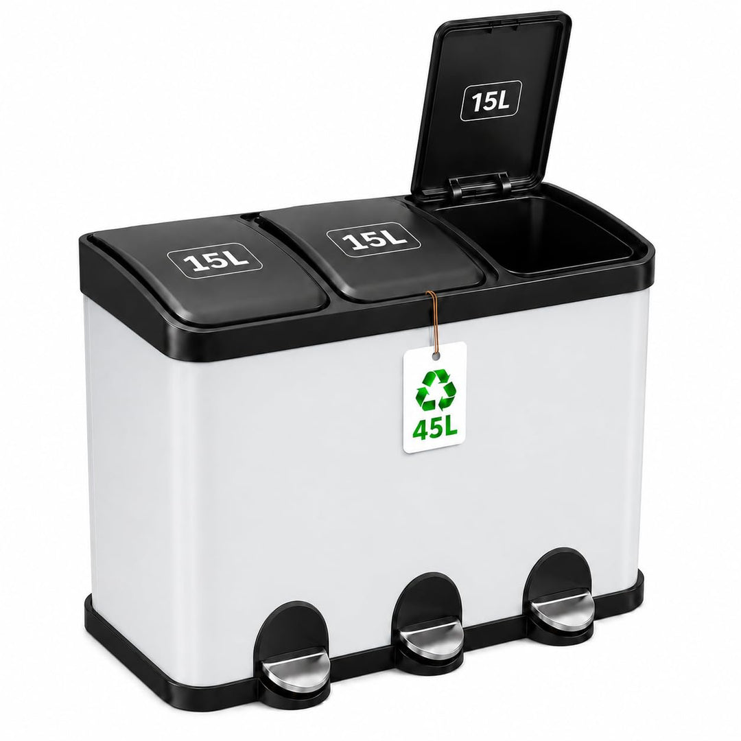Amig - Dreifacher Mülleimer mit Pedalen 45 Liter | 3 herausnehmbare 15-Liter-Fächer | Recyclingbehäl