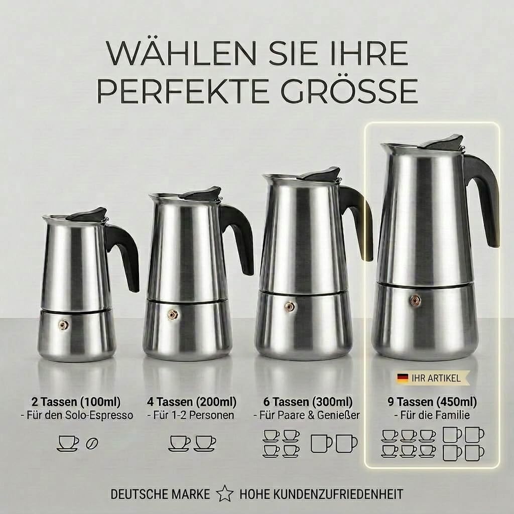 Coffee Fox® Espressokocher aus Edelstahl - Kaffeebereiter Kaffeekocher Espresso-Kanne (9 Tassen - 45