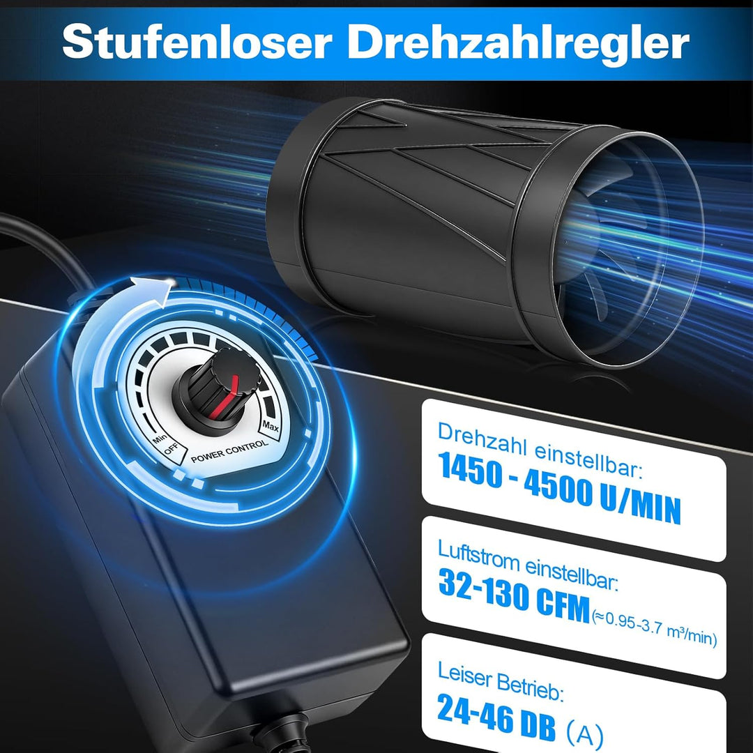 Regelbar Rohrventilator 100mm, 222 m³/h 4500 U/min Inline Abluftventilator Leise mit Drehzahlregler,