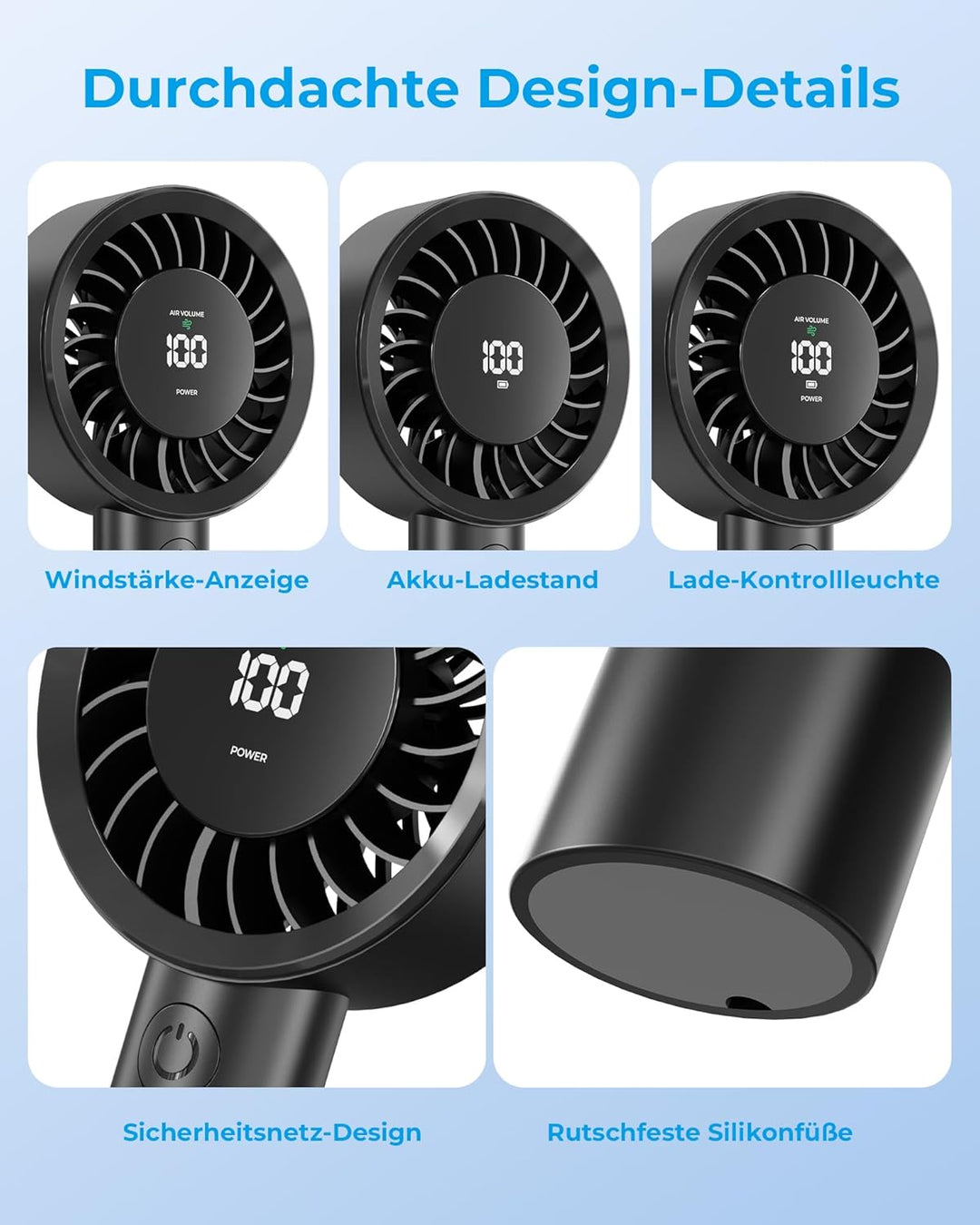 Fitabok Tragbarer Handventilator - 4000mAh Wiederaufladbarer Ventilator, 13 Stunden Laufzeit, 5 Gesc