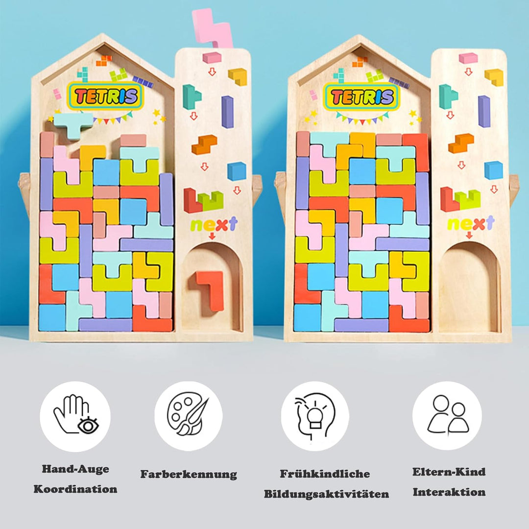 Montessori Tetris Holzspiel, Holz Tetris Stapelpuzzle mit Halterung, Eltern Kind Interaktives Holzpu