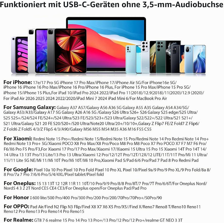 USB C Kopfhörer für iPhone 16 17 Pro 5G,On Ear Typ C Headset USB C Anschluss Ohrhörer mit Kabel Mikr