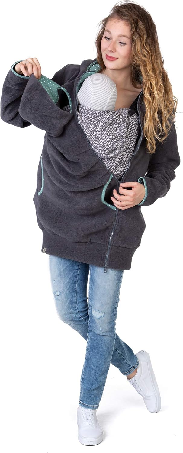 Viva la Mama Kängurujacke, Tragejacke für Baby aus Fleece - AHOI S Anthrazit / Punkte Mintgrün, S An