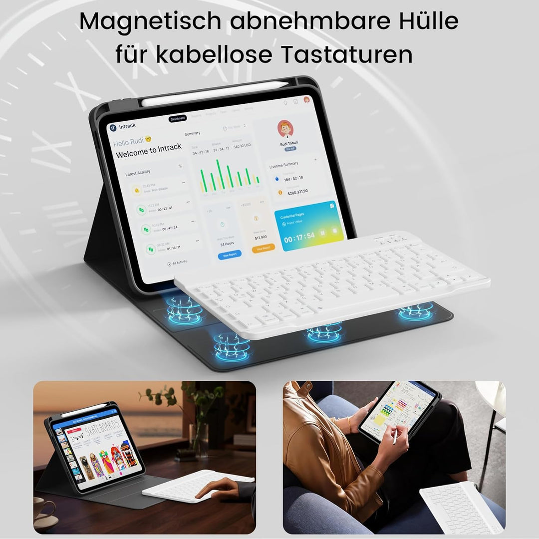 Hülle mit Tastatur für iPad 11/10 Generation mit Stifthalter, Magnetisch Abnehmbare Kabellose Blueto