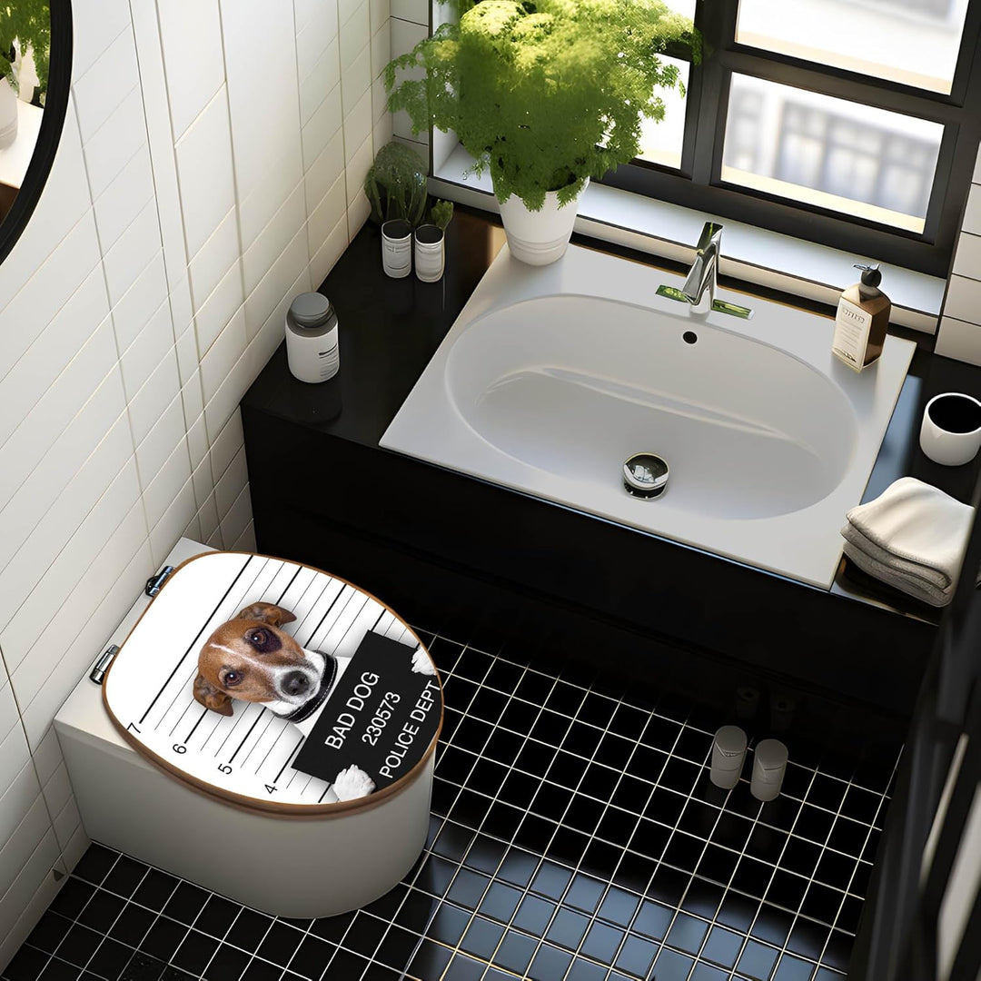 banjado® Design WC Sitz Bambus Absenkautomatik mit Motiv Bad Dog J. Russel/Toilettendeckel mit Absen