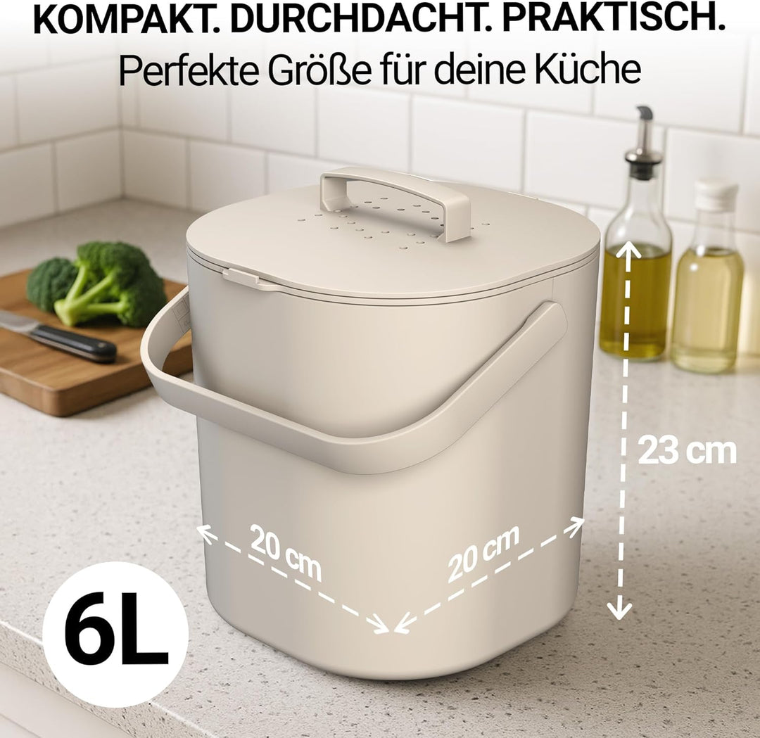 PTMS® Biomülleimer Küche 6L - Biomüll mit Aktivkohlefilter & Deckel zum Einhängen - geruchsdicht, sp