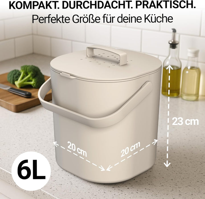 PTMS® Biomülleimer Küche 6L - Biomüll mit Aktivkohlefilter & Deckel zum Einhängen - geruchsdicht, sp