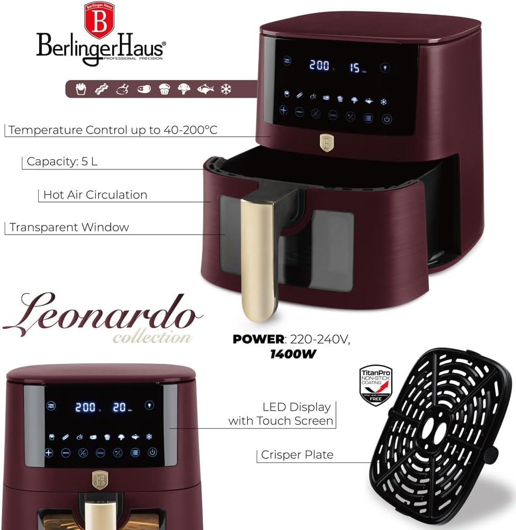 Berlinger Haus Heissluftfritteuse 5 Liter Leonardo Collection – Sichtfenster – 8 Programme – Fettfre
