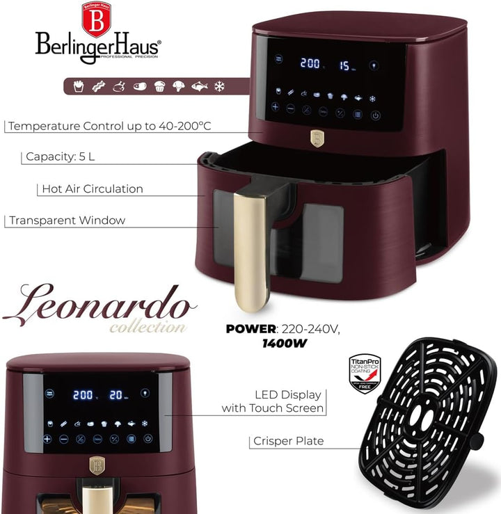 Berlinger Haus Heissluftfritteuse 5 Liter Leonardo Collection – Sichtfenster – 8 Programme – Fettfre
