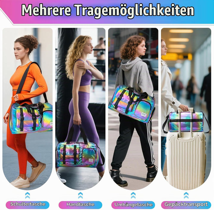 Sporttasche Damen Reisetasche mit Schuhfach und Nassfach, Wasserdicht Schwimmtasche Frauen Glitzer G