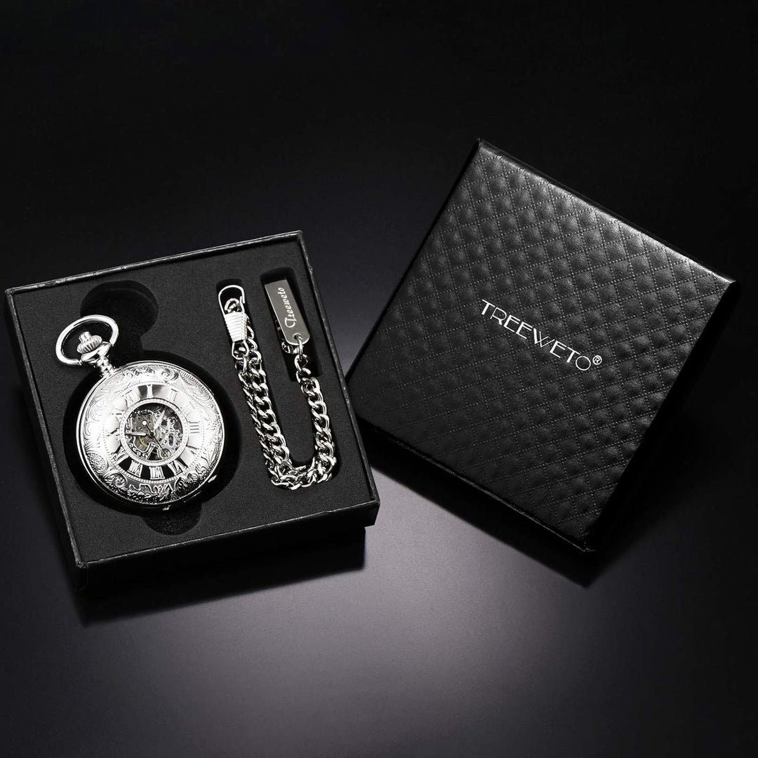 TREEWETO Unisex Taschenuhr mit Kette Mechanische Handaufzug Doppelscharnier Antik Skelett Römische Z
