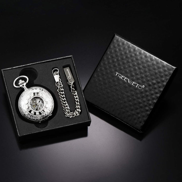 TREEWETO Unisex Taschenuhr mit Kette Mechanische Handaufzug Doppelscharnier Antik Skelett Römische Z