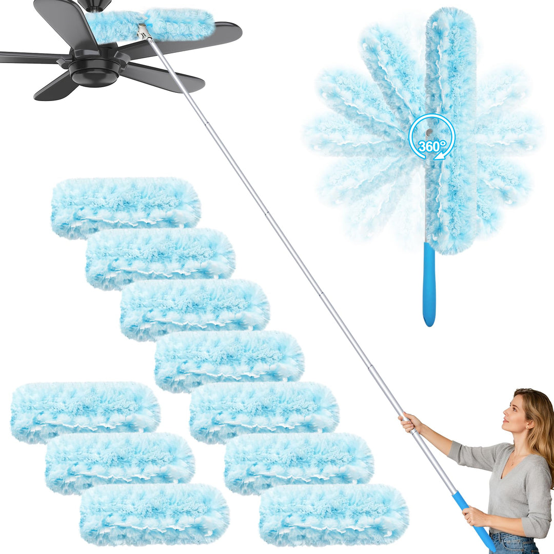 JEHONN Staubwedel Lang Ausziehbar 180 cm, 10 Nachfülltücher für Swiffer Teleskopstange, Robust Doppe