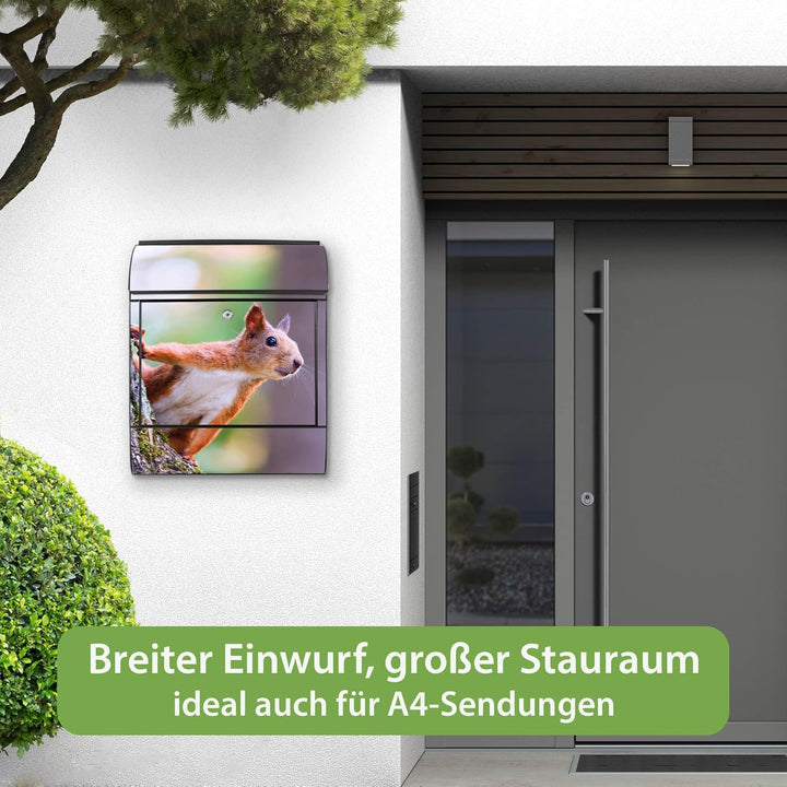 banjado® Design Briefkasten mit Motiv Eichhörnchen 39x47x14cm &amp; 2 Schlüssel - Briefkasten Stahl schw