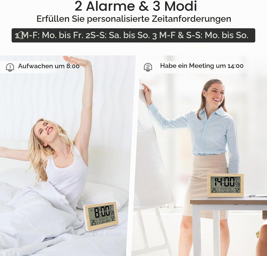 Wecker Digital Funkuhr Tischuhr mit grossem LCD-Display, Kalender, Temperatur, Luftfeuchtigkeit, Hin
