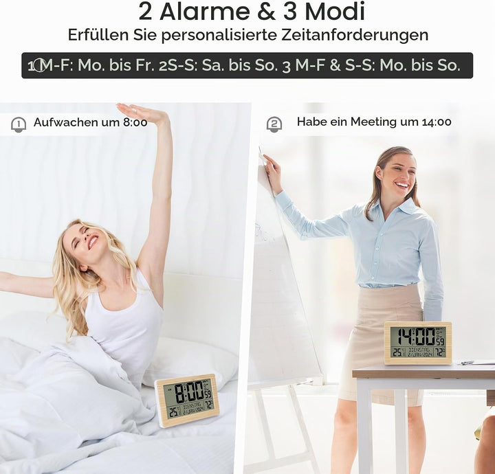 Wecker Digital Funkuhr Tischuhr mit grossem LCD-Display, Kalender, Temperatur, Luftfeuchtigkeit, Hin