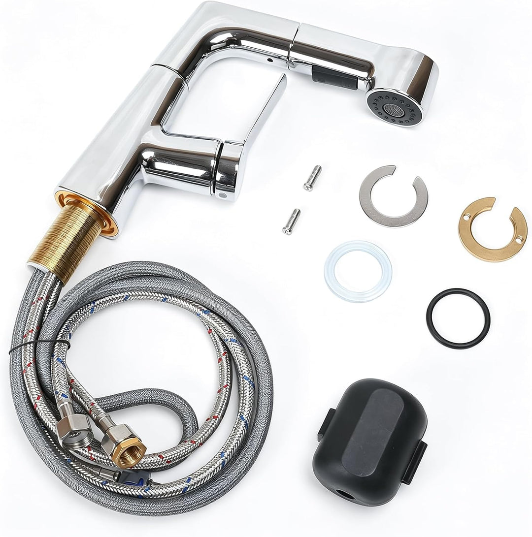 Wasserhahn Bad Höhenverstellbar 6cm Messing 360° Drehbar Chrom | Waschtischarmatur mit Herausziehbar