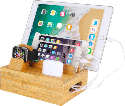 Bambus Holz Handy Ladestation Kompatibel iPhone 12 11 Pro Max XS XR X 8 7 6 6S Plus iPad 3 4 Mini Ai