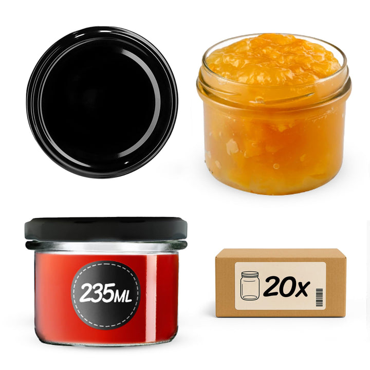 KADAX 20er Set Marmeladengläser 235ml TO82 Schwarz, Einmachgläser Vorratsgläser Mason Jar mit Schrau