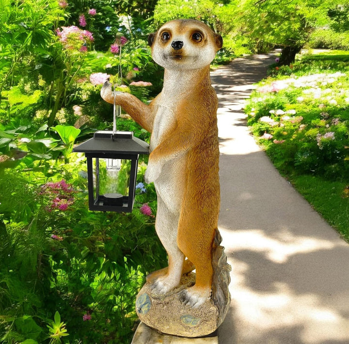 Kremers Schatzkiste Erdmännchen Eddy mit Solarlaterne Figur Gartenfigur 38 cm Tierfigur