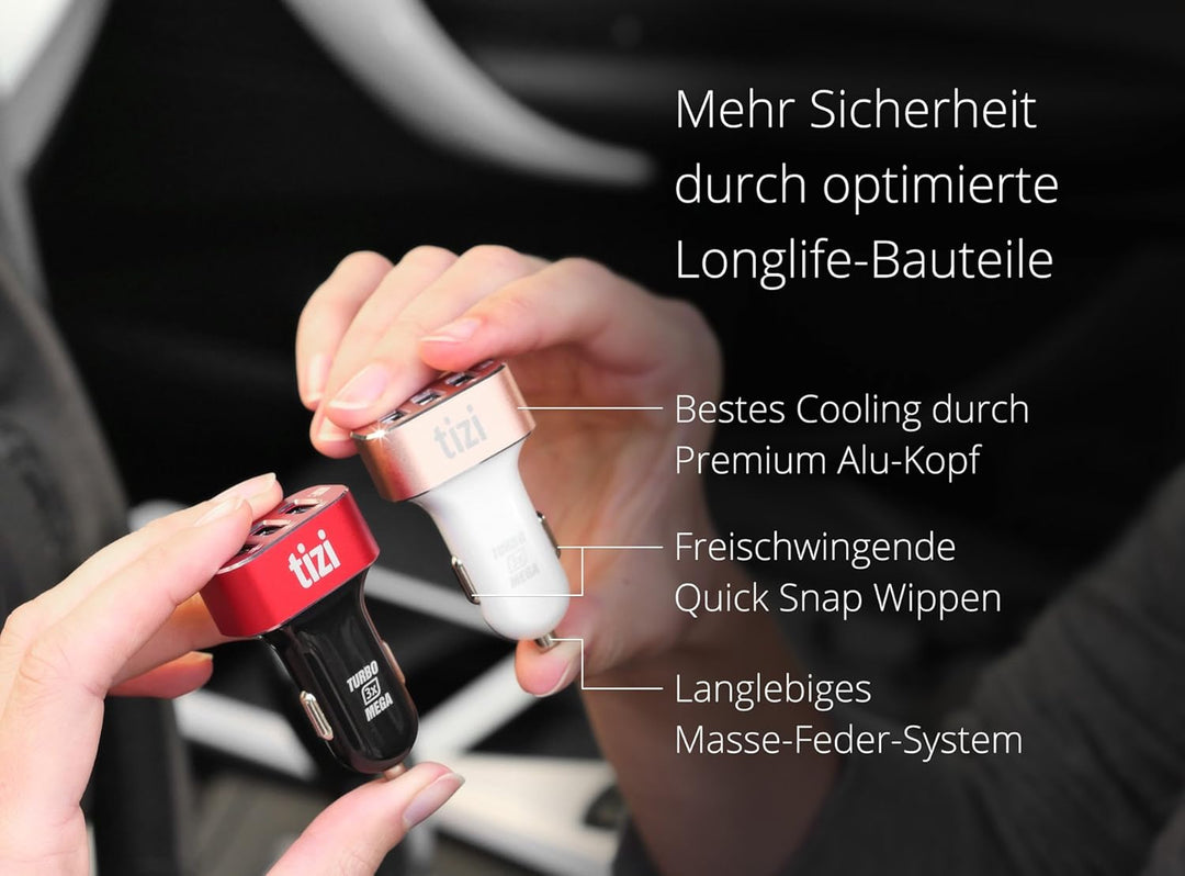 equinux tizi Turbolader 3X MEGA (7,2A, Monza Rot Edition), 3-Fach USB-Auto-Ladegerät mit hochwertige