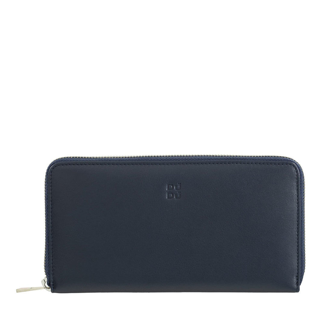 DUDU Grosse Bunte Damenbrieftasche RFID in echtem Leder mit Rundum - Reissverschluss Navy, Navy