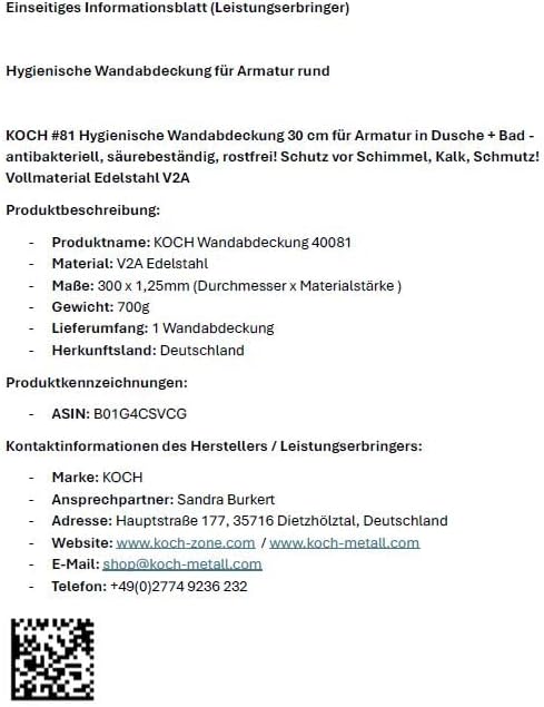 Koch #81 Hygienische Wandabdeckung Platte 30cm für Armatur in Dusche + Bad - antibakteriell, säurebe