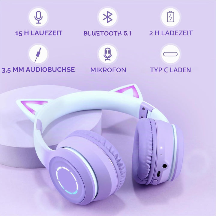 Sendowtek Kinder Kopfhörer, Mädchen Bluetooth Kopfhörer Over Ear Katze Kinderkopfhörer mit Abnehmbar