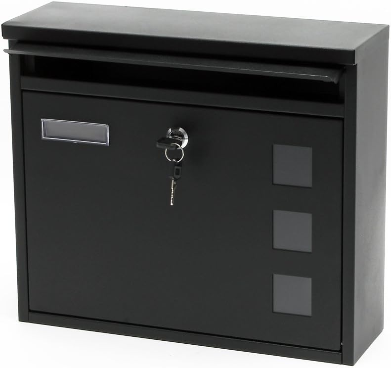 Wiltec Briefkasten V12 schwarz 360 x 115 x 315 mm, Wandbriefkasten mit Schloss, Sichtfenstern und Na
