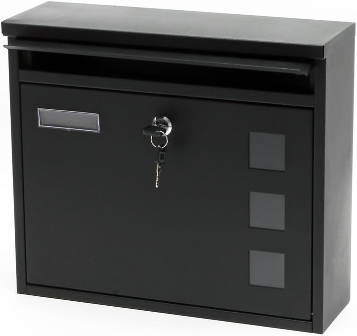Wiltec Briefkasten V12 schwarz 360 x 115 x 315 mm, Wandbriefkasten mit Schloss, Sichtfenstern und Na