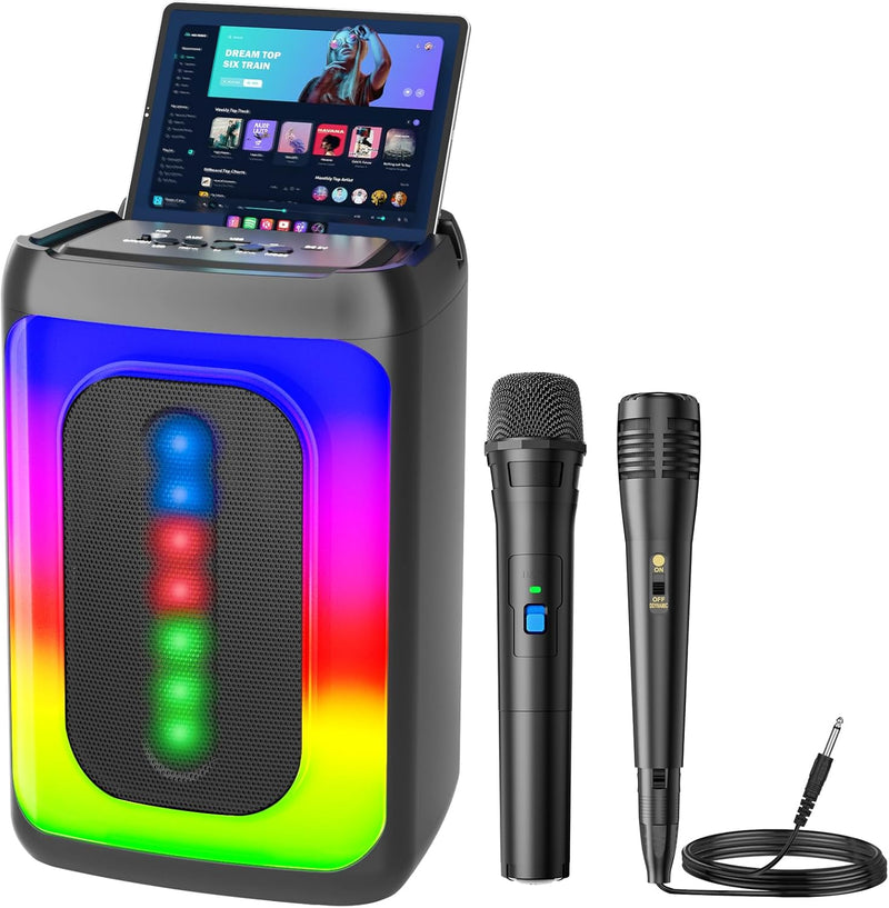 Ankuka Karaoke-Maschine mit 2 Mikrofonen, tragbarer Bluetooth-Lautsprecher mit LED-Leuchten, TF/USB,