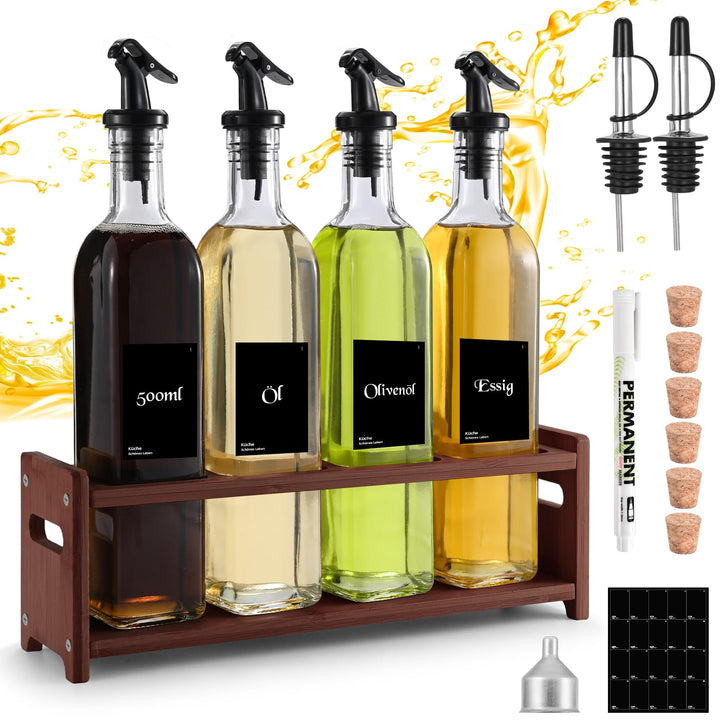 Ölflasche mit Dunkel Holzständern 500ml,4pcs Glasflaschen,Olivenöl spender mit Trichter,Essig und Öl