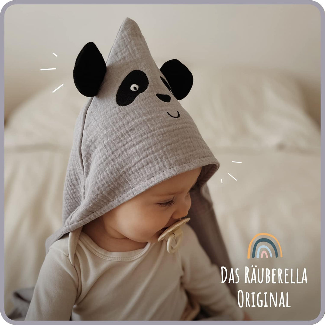 Räuberella® Panda-Kapuzenhandtuch Baby in Blau I 80x80cm I Musselin-Badetuch-Baby aus 100% Bio-Baumw