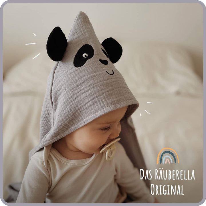 Räuberella® Panda-Kapuzenhandtuch Baby in Blau I 80x80cm I Musselin-Badetuch-Baby aus 100% Bio-Baumw