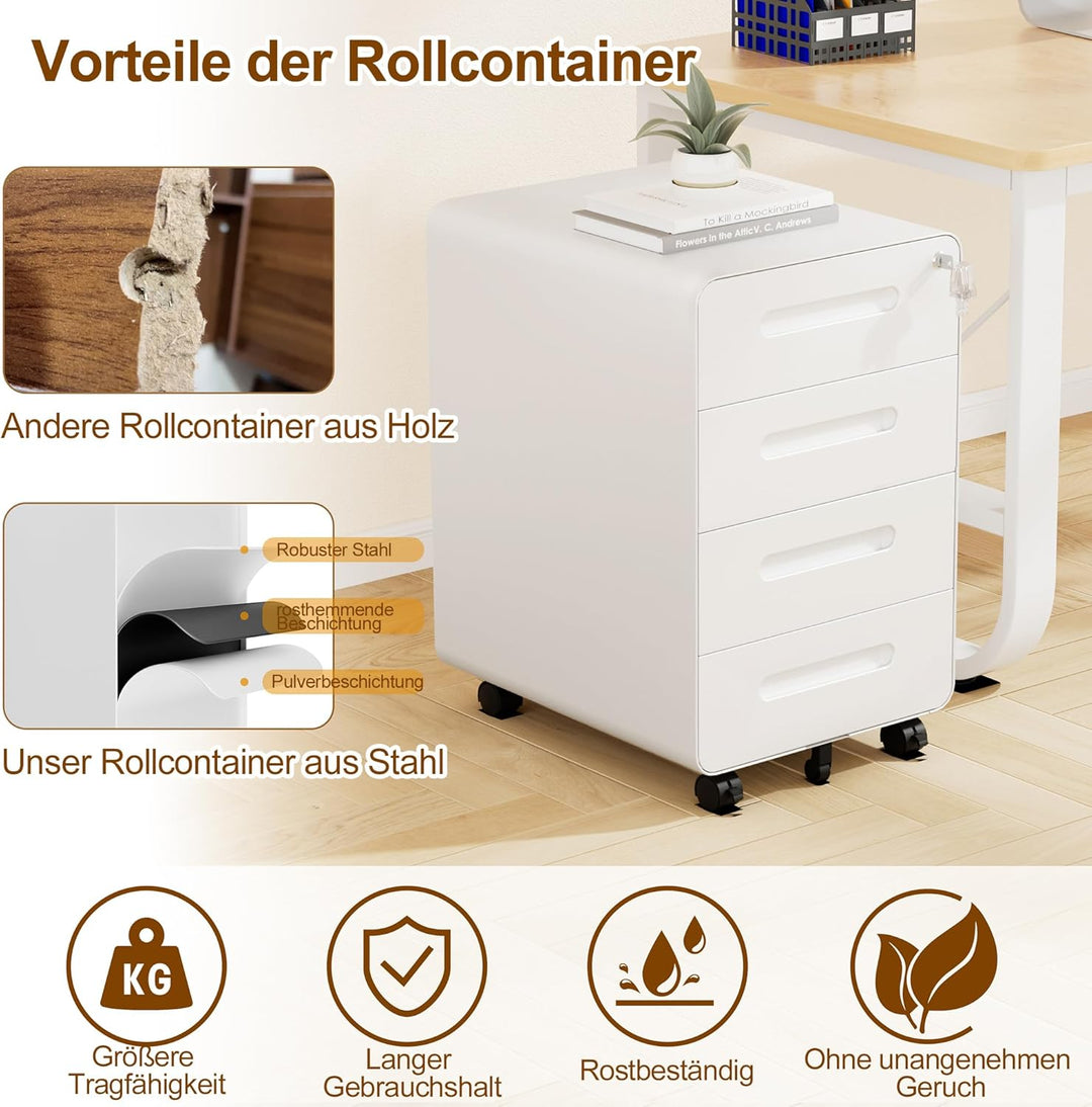 Rollcontainer, Mobiler Aktenschrank mit Schloss, Abgerundeten Ecken, 4 Schlüssel, 4 Schubladen, Büro