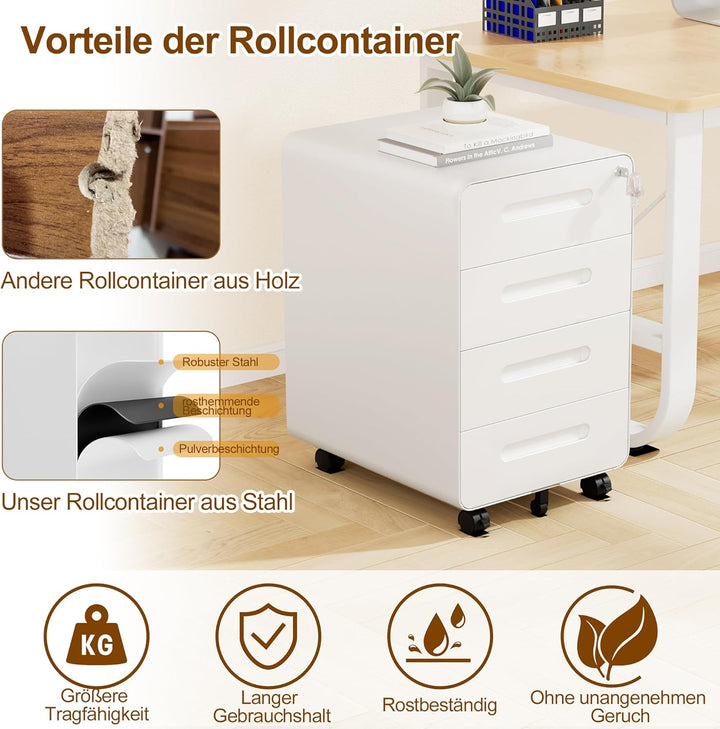 Rollcontainer, Mobiler Aktenschrank mit Schloss, Abgerundeten Ecken, 4 Schlüssel, 4 Schubladen, Büro