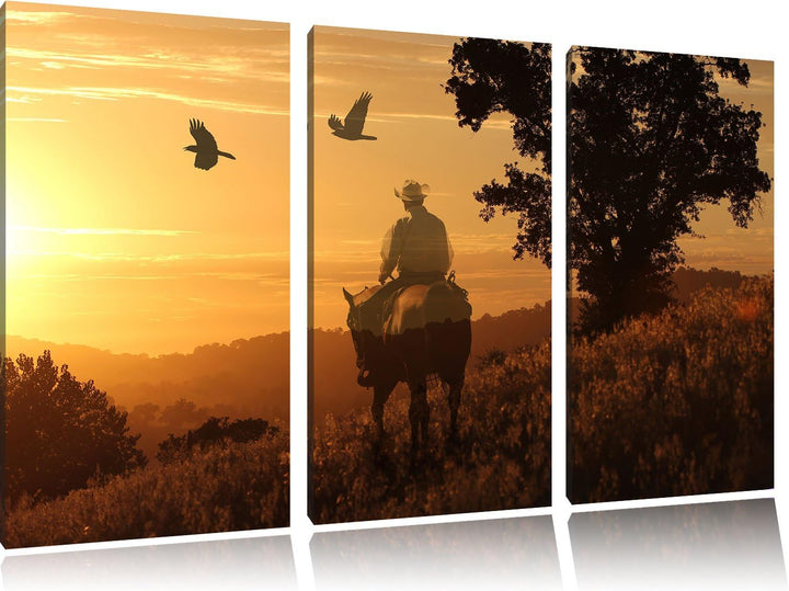 Pixxprint EIN Cowboy im Sonnenuntergang als Leinwandbild | Grösse: 3 Teilig (120x80) | Wandbild| Kun