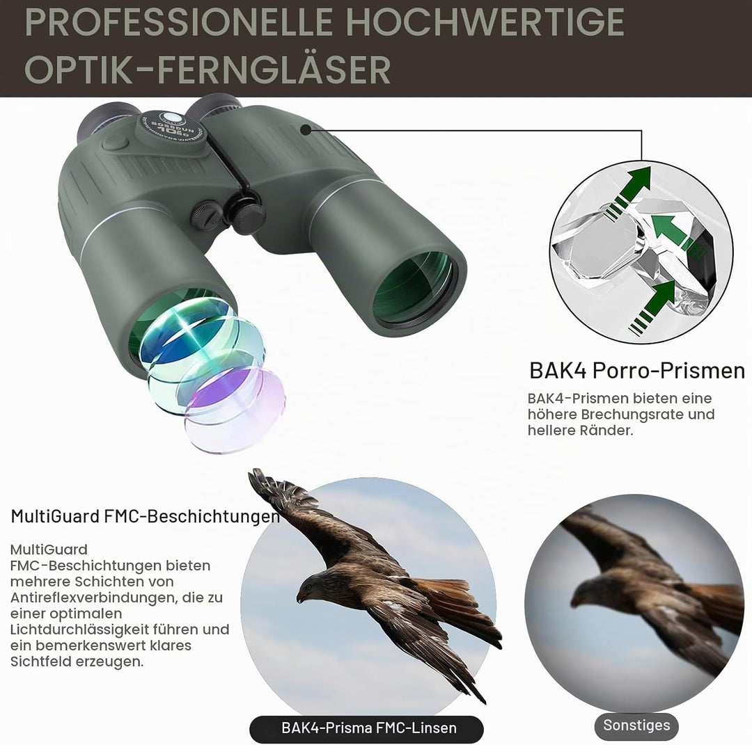 10x50 Marine Fernglas,Fernglas mit Nachtsicht Entfernungsmesser und Kompass, für Wassersport-Enthusi