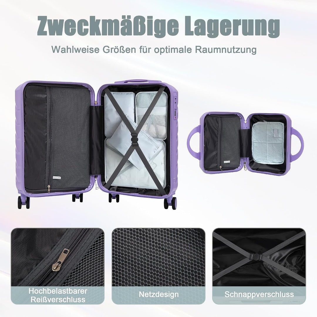 Hartschalen-Koffer Trolley Handgepäck Rollkoffer, Reisekoffer Set mit 4 Rollen, 2er Gepäckset Lila L