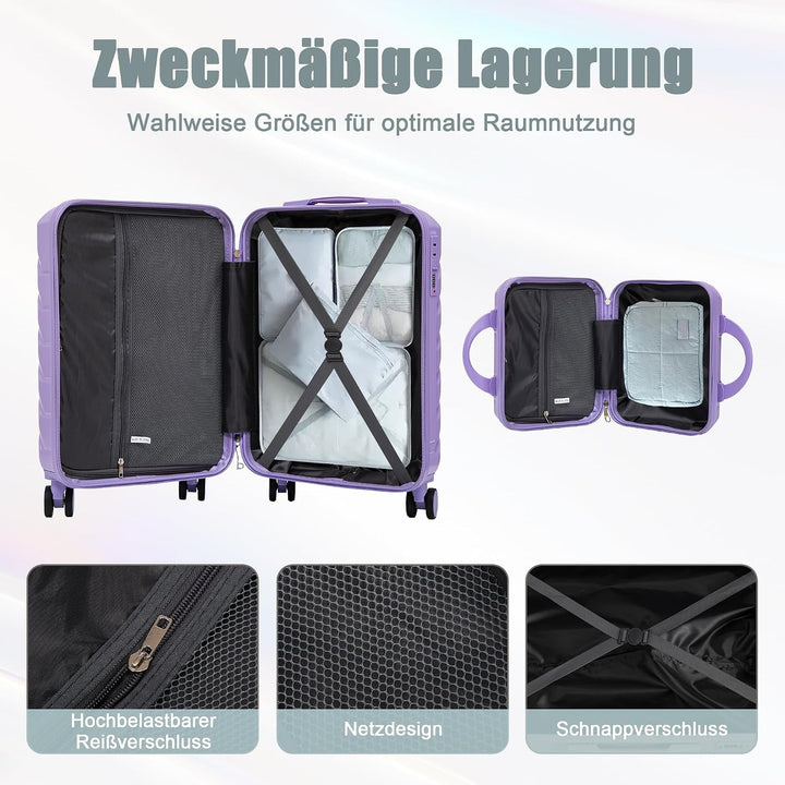 Hartschalen-Koffer Trolley Handgepäck Rollkoffer, Reisekoffer Set mit 4 Rollen, 2er Gepäckset Lila L