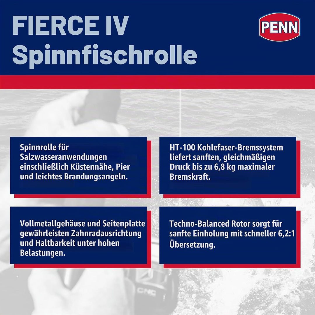 PENN Fierce IV Salzwasser-Spinnrolle – vielseitige Meeresangelrolle für Boot, Kajak, Ufer, Spinning,