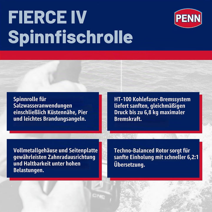 PENN Fierce IV Salzwasser-Spinnrolle – vielseitige Meeresangelrolle für Boot, Kajak, Ufer, Spinning,