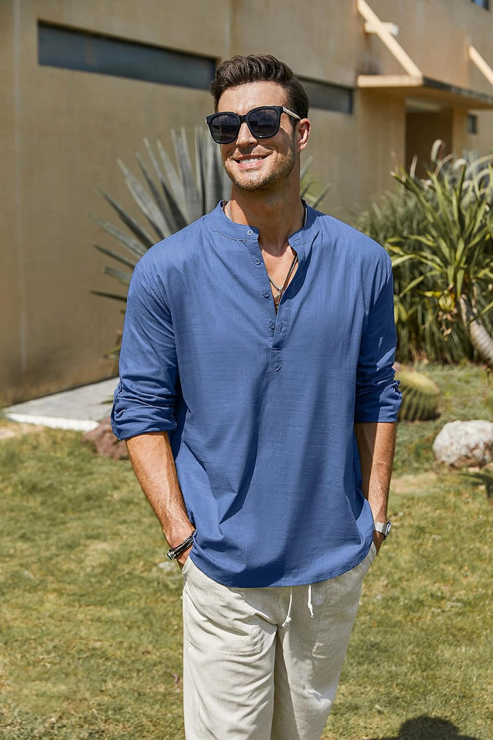 COOFANDY Herren Hemd Langarm Henley Shirt Leinenhemd Baumwolle Casual Regular Fit Sommerhemd A-denim