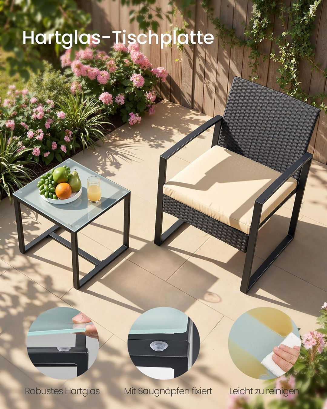 SONGMICS Balkonmöbel, Gartenmöbel-Set, aus PE-Polyrattan, Lounge-Set, Tisch und 2 Stühle, Terrassenm