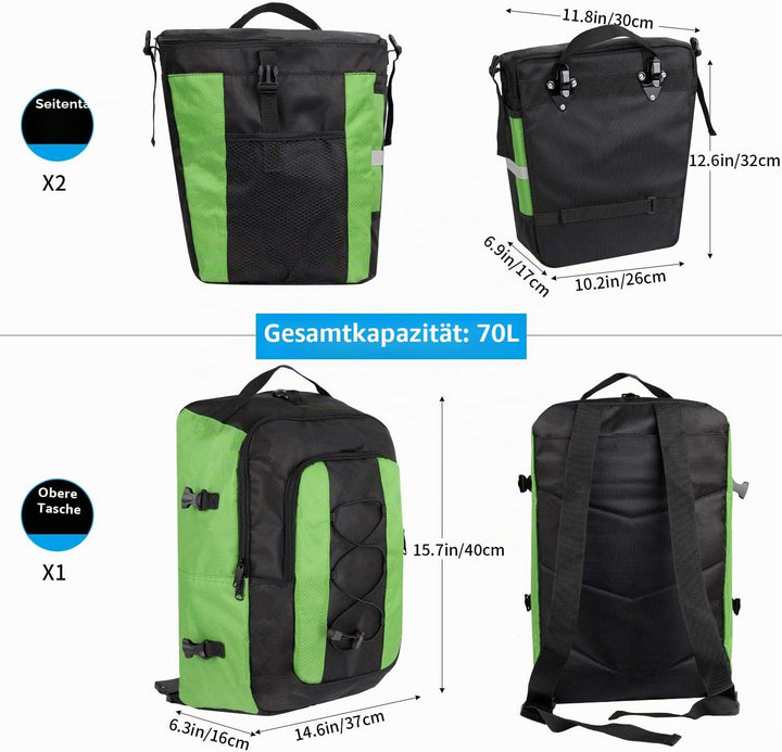 PELLOR Fahrrad Gepäcktaschen, 3 in 1 Multifunction 70L Gepäckträger Tasche Reissfest Gross Fahrradta