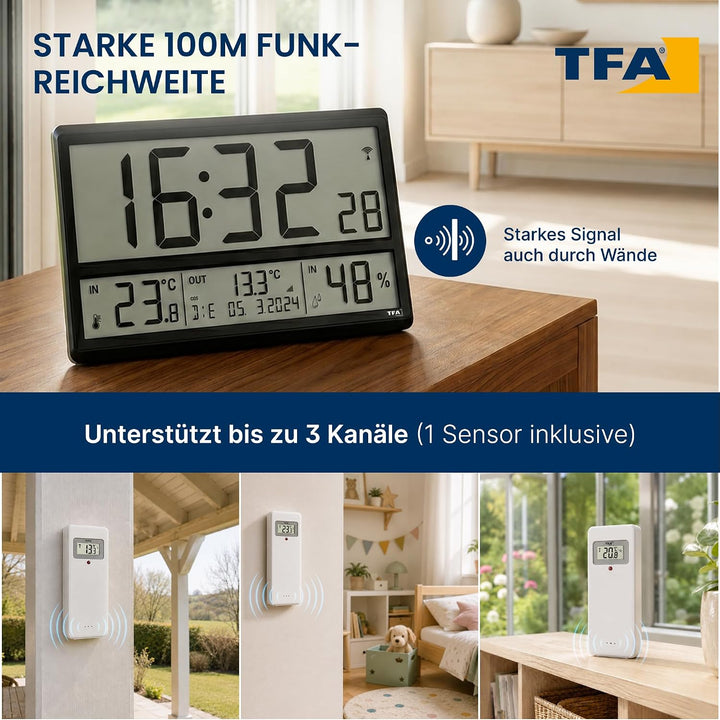 TFA Dostmann Digitale XL Wanduhr, 60.4523.01, mit Aussentemperatur und Raumklima, Funkuhr, 24h Anzei