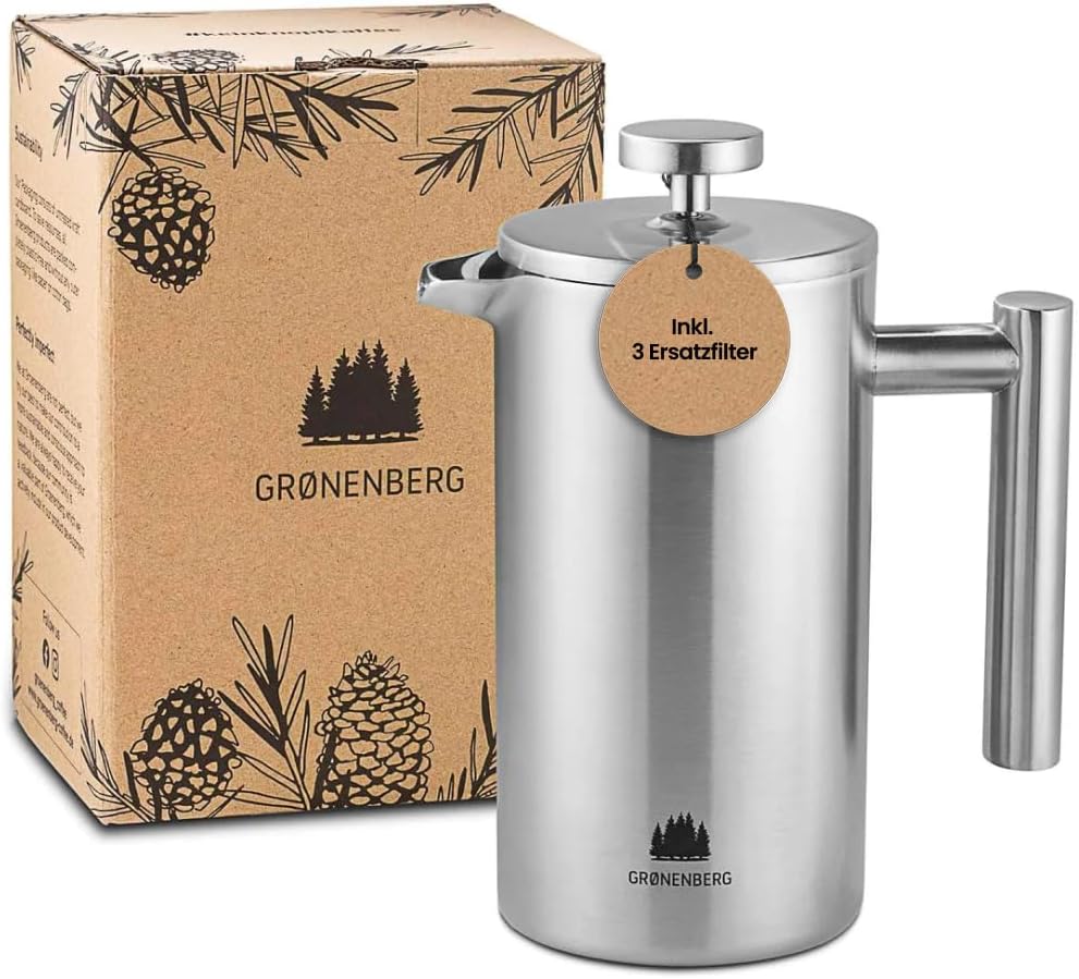 Groenenberg French Press aus Edelstahl | 1 Liter (5 Tassen) | Erhältlich in 3 Grössen | Thermo Kaffe