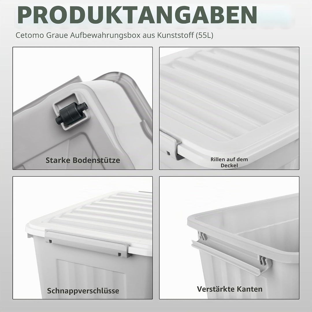 Cetomo,55L,6er-Pack, Aufbewahrungsbox mit deckel,Aufbewahrungsboxen, mit Clips, stapelbar, Wohnzimme